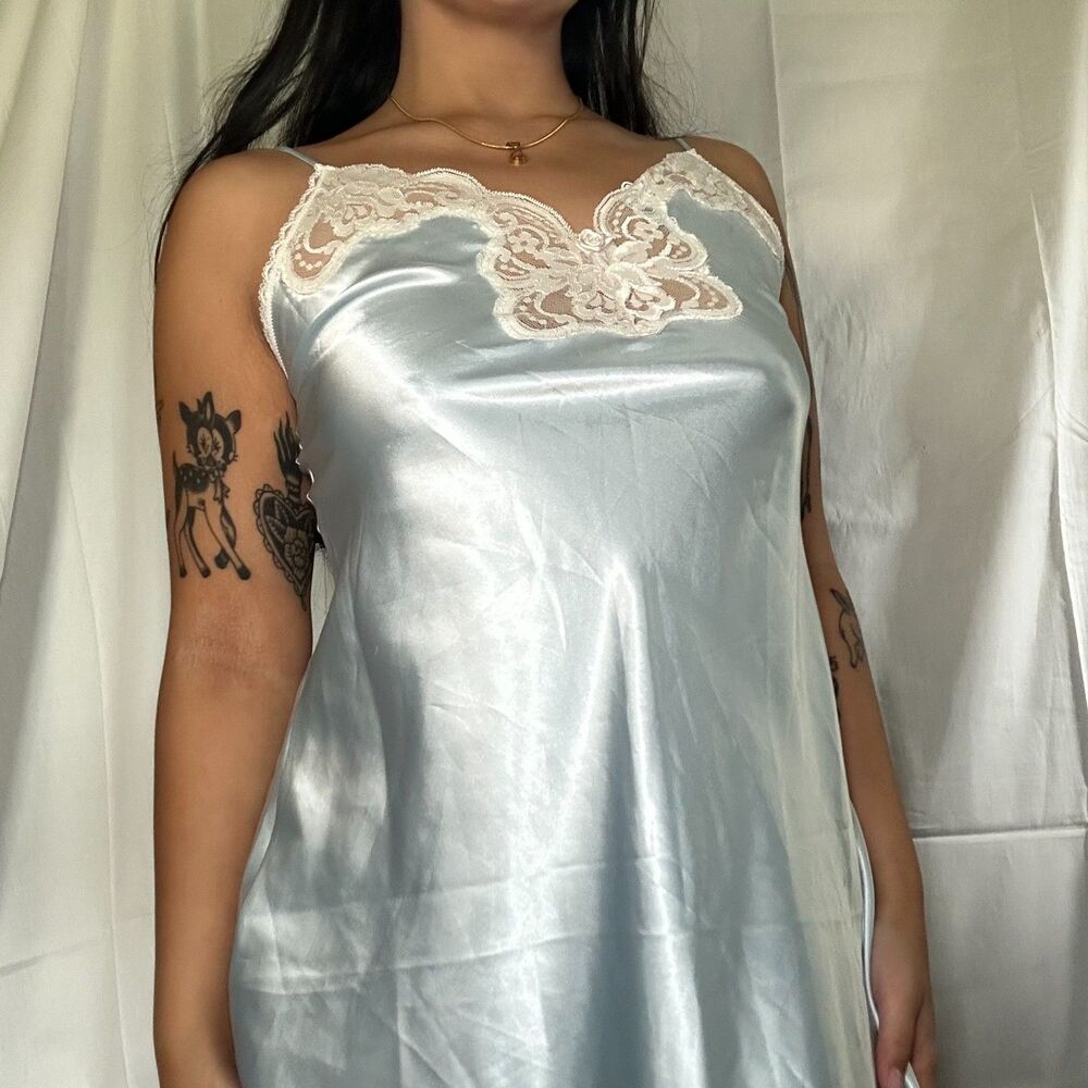 silky baby blue long lace dress